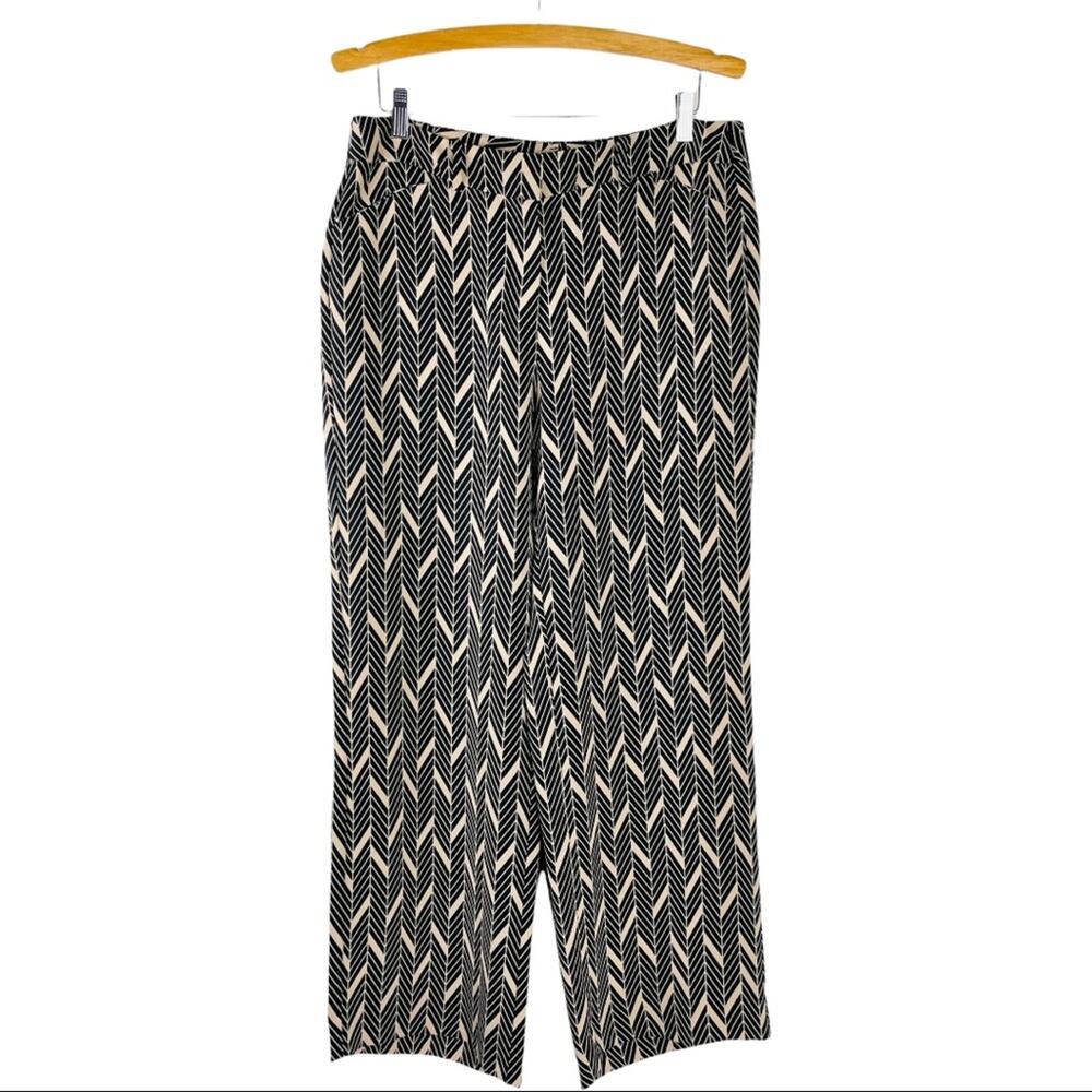 Chico’s black tan chevron geometric boho wide leg high waist ankle pants 10
